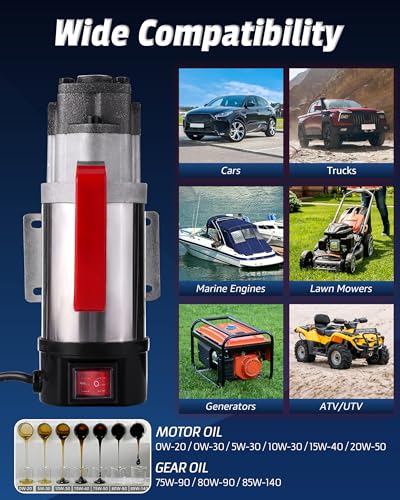 Oil Pump 12V 100W, Oil Extractor Pump for Thick Oil Change, Electric Fluid Transfer Pump for Engine Oil, Gear Oil, Transmission Fluid & Diesel Fuel Removal, 60-Min Runtime for Car, Truck, Boat & Mower