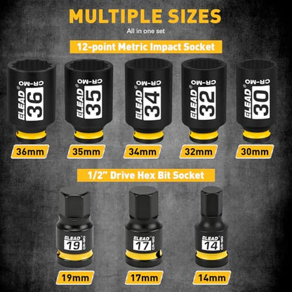 12-Point 1/2" Drive Axle Nut Socket Set, 8-Piece Metric Wheel Axle Nut Wrench Large Jumbo 30mm 32mm 34mm 35mm 36mm, Hex Bit Socket 14mm 17mm 19mm, Car Spindle Joint High Torque Truck Bearing Locknut - style: Metric 12-Point