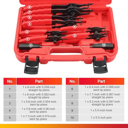 DASBET Snap Ring Plier Set 11PCS Straight & Bent Retaining Ring Pliers | w/Hook & Pick Heavy Duty Internal External Pliers .038in-.09in Circlip Combination Retaining Clip for Car Trunk Motorcycle - color: Red