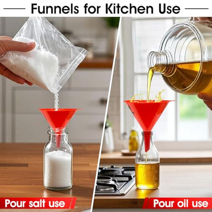 DEDC Oil Funnels, Gas Funnels, Plastic Funnel Set for Car, Automotive, Kitchen, Mini Small Large Red (4pcs Gas Plastic Funnel) | Mini Small to Large Funnel for Filling Bottles Automotive Maintenance Household Garage Kitchen Refueling