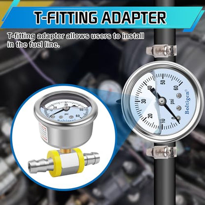 Boltigen Fuel Pressure Gauge, 3/8'' Barb Fuel Pressure Gauge Kit, 0-60psi Glycerin Filled Fuel Pressure Regulator with Gauge for Car, 1/8'' NPT Inline Fuel Pressure Guage with 1/4'' 3/8'' Converter