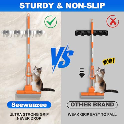 Broom Holder Wall Mount Mop Organizer, 4 Racks 3 Hooks, 2 Pack | Premium Stainless Steel Broom Hanger for Durable Rustproof Tool Rack Storage in Home, Kitchen, Garden, Laundry, Garage - size: 4 Racks 3 Hooks