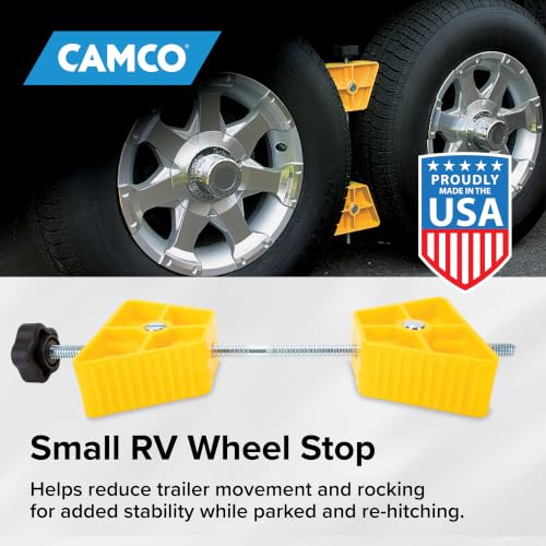 Camco Small RV Wheel Stop - Features a Lightweight Heavy-Duty Design with a Rubber Handle, Prevents Shifting of Trailer Tandem Tires While Parked or Re-Hitching, and Fits 26” to 30” Tires (44652)