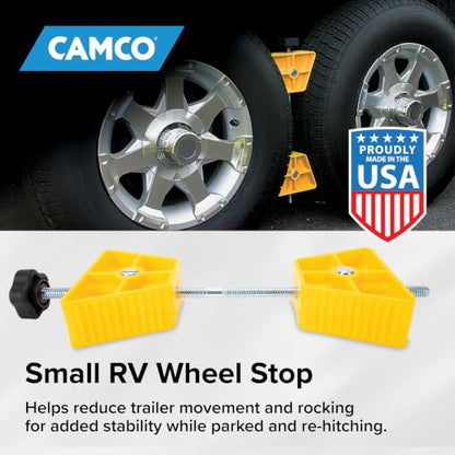 Camco Small RV Wheel Stop - Features a Lightweight Heavy-Duty Design with a Rubber Handle, Prevents Shifting of Trailer Tandem Tires While Parked or Re-Hitching, and Fits 26” to 30” Tires (44652)