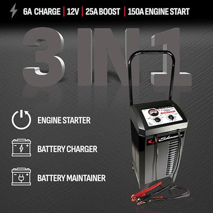 Schumacher Electric Wheeled Manual 6A Car Battery Charger and 150A Engine Starter, 2-in-1 Solution, 25A Boost, for 12V Power Sport, Automotive, and Marine Batteries, SC1437 - style: 150 Amp