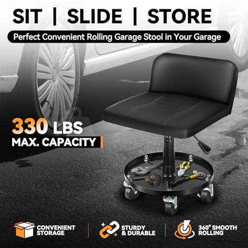 Auto Dynasty Universal Max 330 Lbs Stool Adjustable Mechanic Rolling Garage Padded Seat with Tool Tray Casters for Household Home Garage Warehouse Office, Black