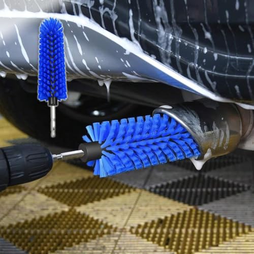 Drill Brush Attachment for Car Wheels with Dense Durable Bristles and Metal Hex Shank, Rims Engines Exhaust Bottle Cleaning, Blue - color: Blue