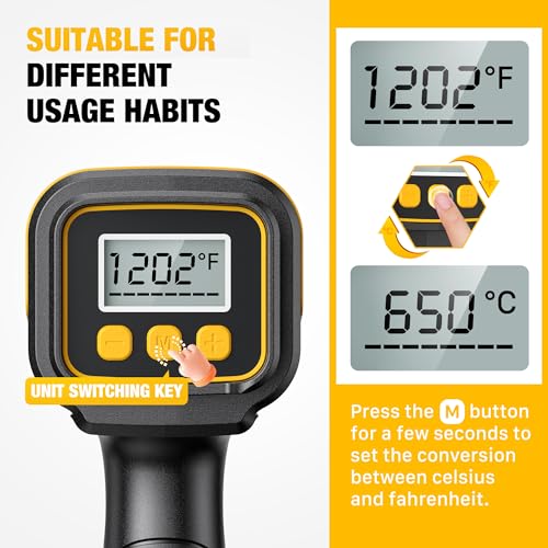 SEEKONE 1800W Heat Gun with LCD Digital Display Compact Design Hot Air Gun Variable Temperature Control 122℉-1202℉（50℃- 650℃）with Memory Function and 4 Nozzles for Crafts, Vinyl Wrap, Shrink Tubing