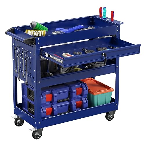 3-Tier Heavy Duty Utility Cart on Wheels, Rolling Tool Cart on Wheels with a Drawer, 350 Lbs Load Capacity Rolling Tool Storage Organizer for Garage, Warehouse and Repair Shop(Dark Blue) - color: Dark Blue