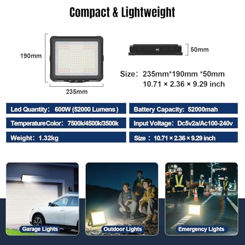 600W Solar 52000MAh Rechargeable Work Light, 600 LED 52000LM Portable Flood Light with Stand＆infinitely dimmable Function, IP66 Waterproof 3 Modes LED Job Site Lighting Flashlights for Mechanic Car - color: Black