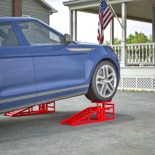 2 Pack Hydraulic Car Ramps, 5 Ton (11000 lbs) Low Profile Steel Service Ramps with Safety Valve, 3-Level Adjustable Height, Red, Heavy Duty Vehicle Lift for Garage, Truck, and Auto Repair,Red - color: Red