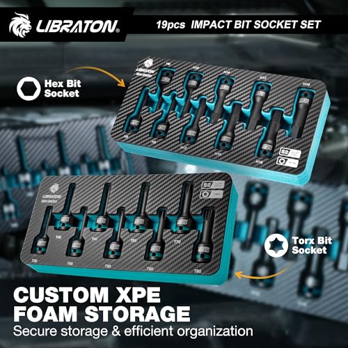 LIBRATON Impact HEX & TORX Bit Socket Set, 1/2" Dr, S2 Steel, 19PCS High Torque Sockets (H5-H19 + T30-T80) for Professional Mechanics & Automotive Repair (XPE Storage Cases) - style: 19PCS Torx+Hex