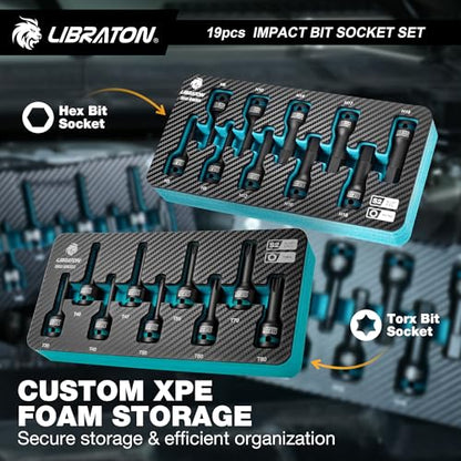 LIBRATON Impact HEX & TORX Bit Socket Set, 1/2" Dr, S2 Steel, 19PCS High Torque Sockets (H5-H19 + T30-T80) for Professional Mechanics & Automotive Repair (XPE Storage Cases) - style: 19PCS Torx+Hex