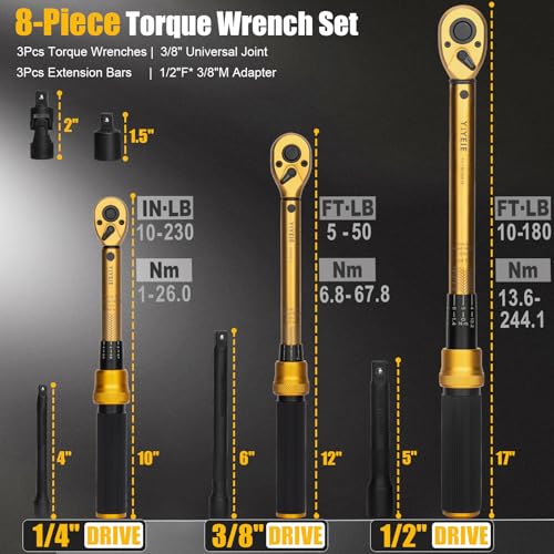 1/4 3/8 1/2-inch Drive Click Torque Wrench, 8Pcs Torque Wrench Set 10-230in.lb, 5-50ft.lb, 10-180ft.lb with Adapters, ±3% Accuracy, 72-Tooth Dual Scale Torque Wrenches for Bike, Moto, Car Repair - size: 1/2″3/8″1/4″ 8 PCS