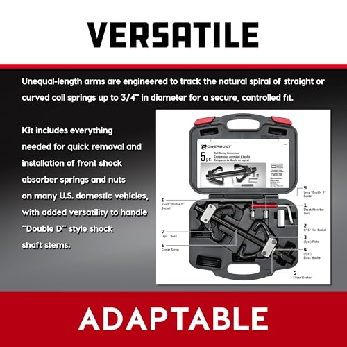 Powerbuilt Coil Spring Compressor Tool Kit, 5 Piece, Straight or Curved Coil Springs, Shock Absorbers, Foreign and Domestic, Storage Case - 648603, Black - style: 2 Piece