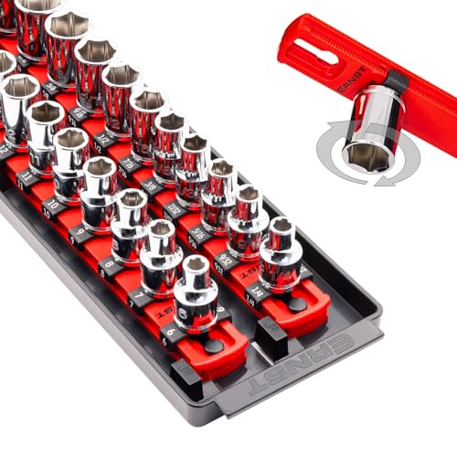 Ernst Mfg. 8493 RD Socket BOSS Tray High-Density System with (2) Red 13" Socket Rail + (28) Twist Lock Clips, 3/8" Drive - Made in USA - color: Red, size: 3/8", style: 13-INCH