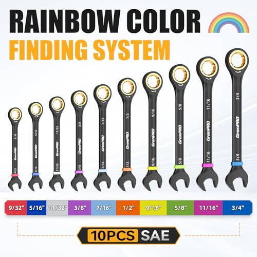 GRENPRO Ratchet Wrenches Set, Ratcheting Wrench Set With Roll Up Pouch, 11PC SAE Large Small 9/32 To 3/4 Long Open End Socket Wrench Organizer With Color Ring & Gauge, Big Combination Wrench Tool Sets - style: 11PC SAE Ratchet Wrenches Set With Color Ring