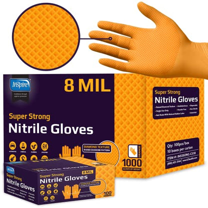 Inspire HEAVY DUTY ORIGINAL Stretch Nitrile Black Gloves Disposable Latex Free | Food, Mechanic, 6mil Black or 8 Mil Orange - size: Small, style: 8mil Orange