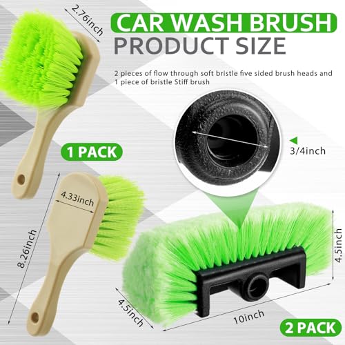Vesici 2 Pcs 10 Inch Car Wash Brush Head with Soft Detailing Bristle Flow Through Car Cleaning Brush with 1 Pcs Stiff Bristle Wheel Brushes for Motorboat Rv Facades of Houses Wheel Carpet (Green) - color: Green