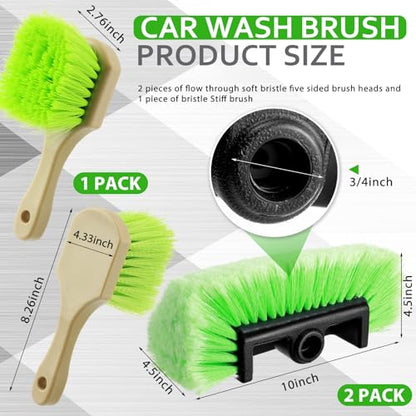 Vesici 2 Pcs 10 Inch Car Wash Brush Head with Soft Detailing Bristle Flow Through Car Cleaning Brush with 1 Pcs Stiff Bristle Wheel Brushes for Motorboat Rv Facades of Houses Wheel Carpet (Green) - color: Green