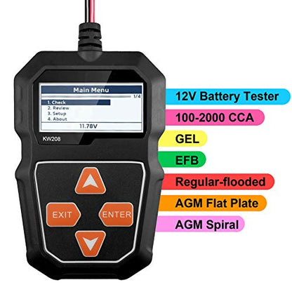 KW208 12V Car Battery Tester, Automotive Battery Load Tester, 100-2000 CCA Auto Cranking & Charging System Test, Display Diagnostic Checker Scan Tool Digital Battery Analyzer for Truck Marine SUV Boat