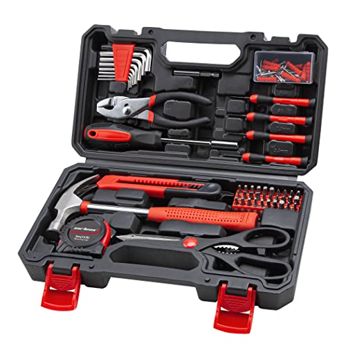 CARTMAN Complete Household Tool Set, Red Hand Kit With Storage Case | Versatile tool assortment for home repairs, DIY projects, furniture setup, crafting, and daily household fixes in toolbox. - color: Dark Red