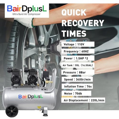 BairDplusL 14.5 Gallon Ultra Quiet Air Compressor 110V/60Hz 1.5HP 8.8CFM MAX 115PSI Steel Tanks Oil-Free 70dB Noise Level Light & Quiet Portable Air Compressor with Wheels for Auto Repair - size: 55L