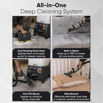 Dapper Commercial Carpet and Upholstery Extractor Cleaning Machine with Steam, Spray-Vacuum, Blower & Mite Remover. — Designed for Deep Cleaning. Dual Separate Circuit Power Cords - size: 3 Gal