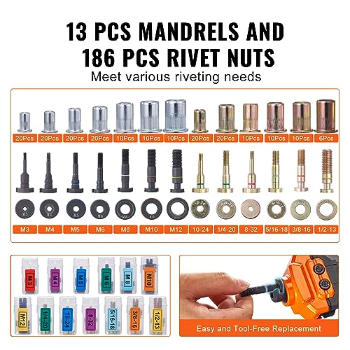 VEVOR 16" Rivet Nut Tool, Labor-Saving Rivnut Tool Kit with 13PCS Metric & SAE Mandrels, 186PCS Rivet Nuts,M3, M4, M5, M6, M8, M10, M12, 1/4-20, 5/16-18, 3/8-16,1/2-13, 8-32, 10-24 with Carrying Case - size: 16", style: RIVET NUT TOOL