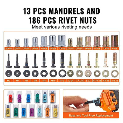 VEVOR 16" Rivet Nut Tool, Labor-Saving Rivnut Tool Kit with 13PCS Metric & SAE Mandrels, 186PCS Rivet Nuts,M3, M4, M5, M6, M8, M10, M12, 1/4-20, 5/16-18, 3/8-16,1/2-13, 8-32, 10-24 with Carrying Case - size: 16", style: RIVET NUT TOOL
