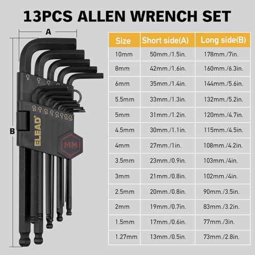 ELEAD 15-Piece Metric Hex Key Allen Wrench Set with Extension Bar, 1.27-10 MM, Long Arm Ball End Design, Heat-Treated S2 Steel - style: 15PCS Metric