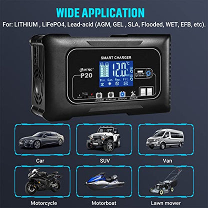 20Amp 12/24V Smart Car Battery Charger Fully Automatic Maintainer, Trickle Charger/Desulfator with Overcharge Protection & Temperature Compensation for LiFePO4 Lead Acid Lithium Batteries