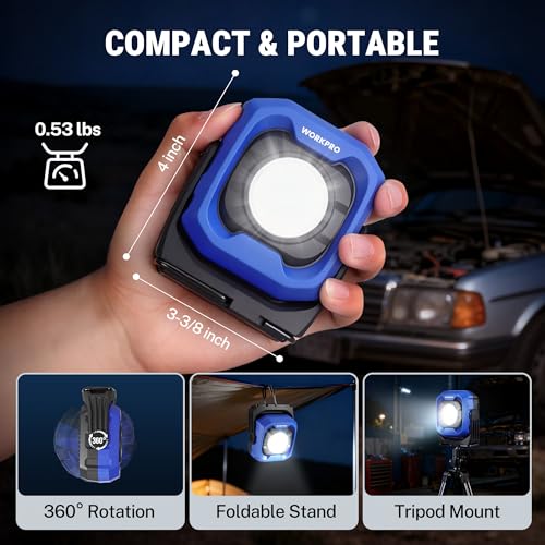 WORKPRO Rechargeable Work Light, 1200LM Magnetic Light with 4000mAh Battery, Portable LED with 4 Modes, IPX4 Water-Resistant, Led Work Light for Car, Camping, Emergency, Christmas Gifts