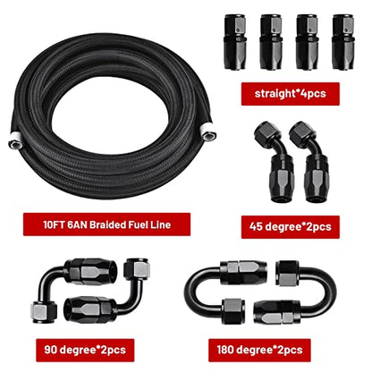 6AN 10FT PTFE Fuel Line Fitting Kit, E85 Nylon Braided Fuel Hose with 10PCS Aluminum Swivel Fuel Hose Fitting Adapter Kit - Black - color: Black, size: 6AN Fitting+10Ft Hose