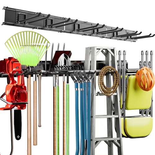 Garage Tool Organizer Wall Mount, 48" Heavy Duty Wall Tool Organizer Rack with 6 Hooks, Garage Storage Tools Hanger for Shovel, Rake, Folding Chair, Garden Tools, Lawn, Yard, Shed
