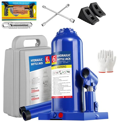 6T Hydraulic Jack with Tire Kit, Chock & Cross Wrench, 12K lbs | Complete roadside set: jack, tire kit, chock, wrench. 8.66"-16.93" lift. Welded steel. Portable. - color: 6 Ton with Tire Kit + Wheel Chock + Cross Wrench