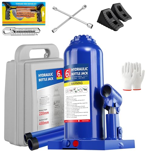 6T Hydraulic Jack with Tire Kit, Chock & Cross Wrench, 12K lbs | Complete roadside set: jack, tire kit, chock, wrench. 8.66"-16.93" lift. Welded steel. Portable. - color: 6 Ton with Tire Kit + Wheel Chock + Cross Wrench