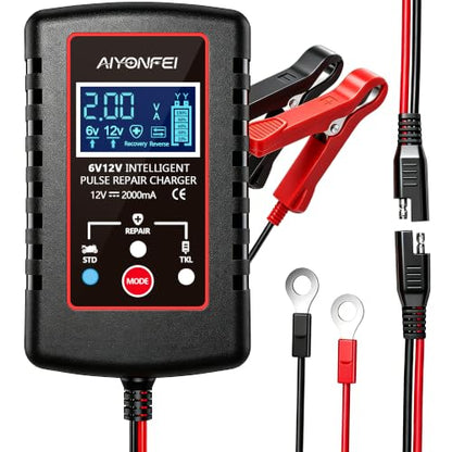 2A Battery Charger 6V/12V Smart Trickle Charger, 1 Black | Battery Maintainer, Lead Acid, Motorcycle, Car, Lawn Mower, Battery Desulfator, Temperature Compensation