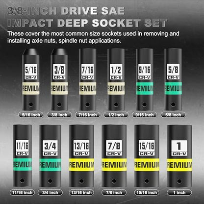 12-Piece 3/8-Inch Drive SAE Impact Deep Socket Set, 5/16 to 1 inch, CR-V, 6 Point, Heavy-Duty Sockets for Impact Wrenches, Automotive and Home - size: 3/8" 12pcs SAE