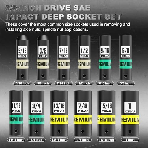 12-Piece 3/8-Inch Drive SAE Impact Deep Socket Set, 5/16 to 1 inch, CR-V, 6 Point, Heavy-Duty Sockets for Impact Wrenches, Automotive and Home - size: 3/8" 12pcs SAE