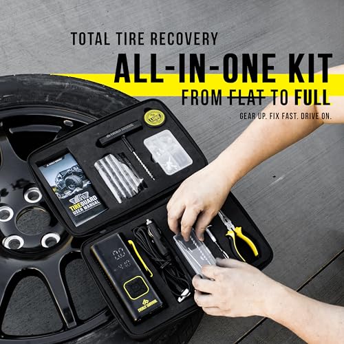EVERLIT All-in-One Tire Repair Kit with Air Compressor – 150 PSI Portable Cordless Tire Inflator & Plug Kit – Flat Tire Emergency Roadside Kit for Car, SUV, Truck & Motorcycle Fast Repair & Inflation