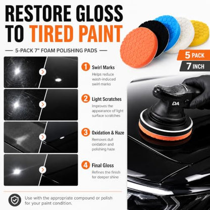 7 Inch Polishing Pads, 5PCS Foam Buffing Pads for DA Polisher | 5PCS Foam Polishing Pads for DA Polisher, Car Paint Correction, Scratch & Swirl Removal, Hook and Loop Backing