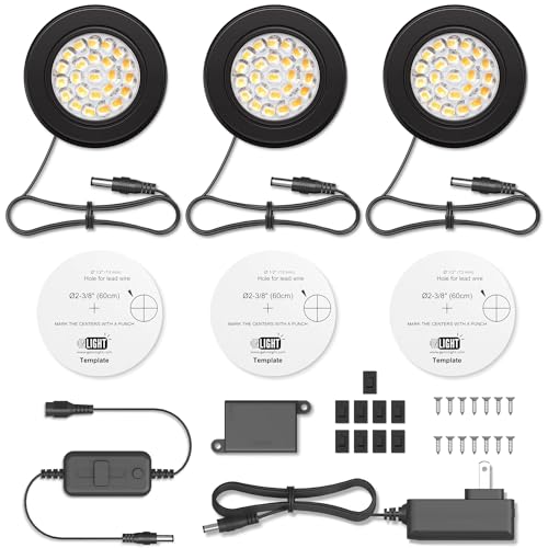 GETINLIGHT 2.5" Wide 3000K Dimmable LED Puck Lights Kit, Plug-in Installation with Recessed or Surface Mounted, Black Finish Over Metal Construction, Set of 3, IN-0113-3-BK - color: Black