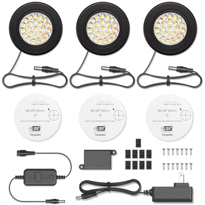 GETINLIGHT 2.5" Wide 3000K Dimmable LED Puck Lights Kit, Plug-in Installation with Recessed or Surface Mounted, Black Finish Over Metal Construction, Set of 3, IN-0113-3-BK - color: Black