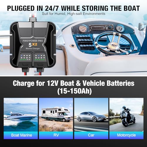 2 Bank Marine Battery Charger 5X2, 10A (5A/Bank) - 12V Waterproof Onboard Battery Charger, Battery Maintainer & Desulfator for SLA/AGM, Lithium (LiFePO4), Calcium & Deep-Cycle Battery- Charged 24/7 - size: 2 Bank(10A)