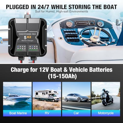 2 Bank Marine Battery Charger 5X2, 10A (5A/Bank) - 12V Waterproof Onboard Battery Charger, Battery Maintainer & Desulfator for SLA/AGM, Lithium (LiFePO4), Calcium & Deep-Cycle Battery- Charged 24/7 - size: 2 Bank(10A)