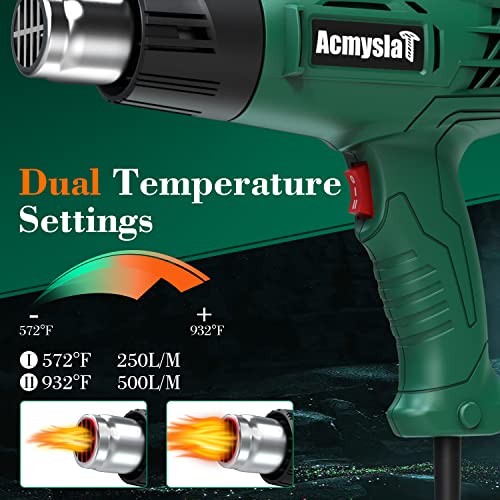 Heat Gun, Heavy Duty Hot Air Gun Kit Dual Temperature Settings 572℉~932℉ (300℃-500℃), Overload Protection with 4 Nozzles for Crafts, Shrink Wrapping/Tubing, Paint Removing, Epoxy Resin - color: Green