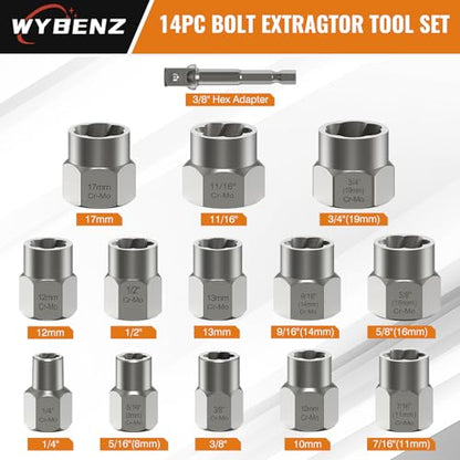 14 PCS Bolt Extractor Set, 3/8" Drive Impact Bolt & Lug Nut Remover Socket Tool Kit, Stripped Bolt Extractor Socket Set For Broken,Damaged, Frozen, Studs, Rusted, Rounded-Off Bolts, Nuts & Screws - size: 14PCS -B