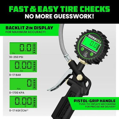 Rhino USA Digital Tire Pressure Gauge with Inflator (250 PSI) - Air Chuck | Professional Air Chuck & Compressor Attachments. 0.1 Display Resolution for Precise Readings on Car & Truck Tires. - style: 250psi Digital