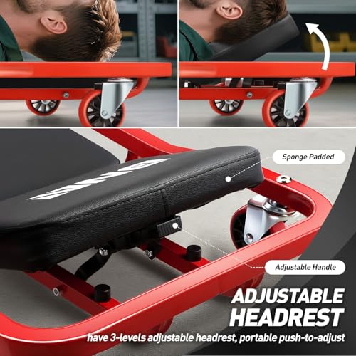 ‎DNA MOTORING TOOLS-00271 Rolling Car Creeper with 3-leves Adjustable Headrest & 6 Casters,300lbs Max Weight Capacity,Red - color: Red
